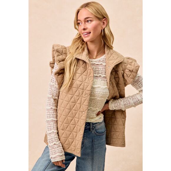 BiBi Diamond Print Ruffle Sleeves Pocket Oversized Quilted Vest Jacket | Oatmeal - Picture 8 of 8